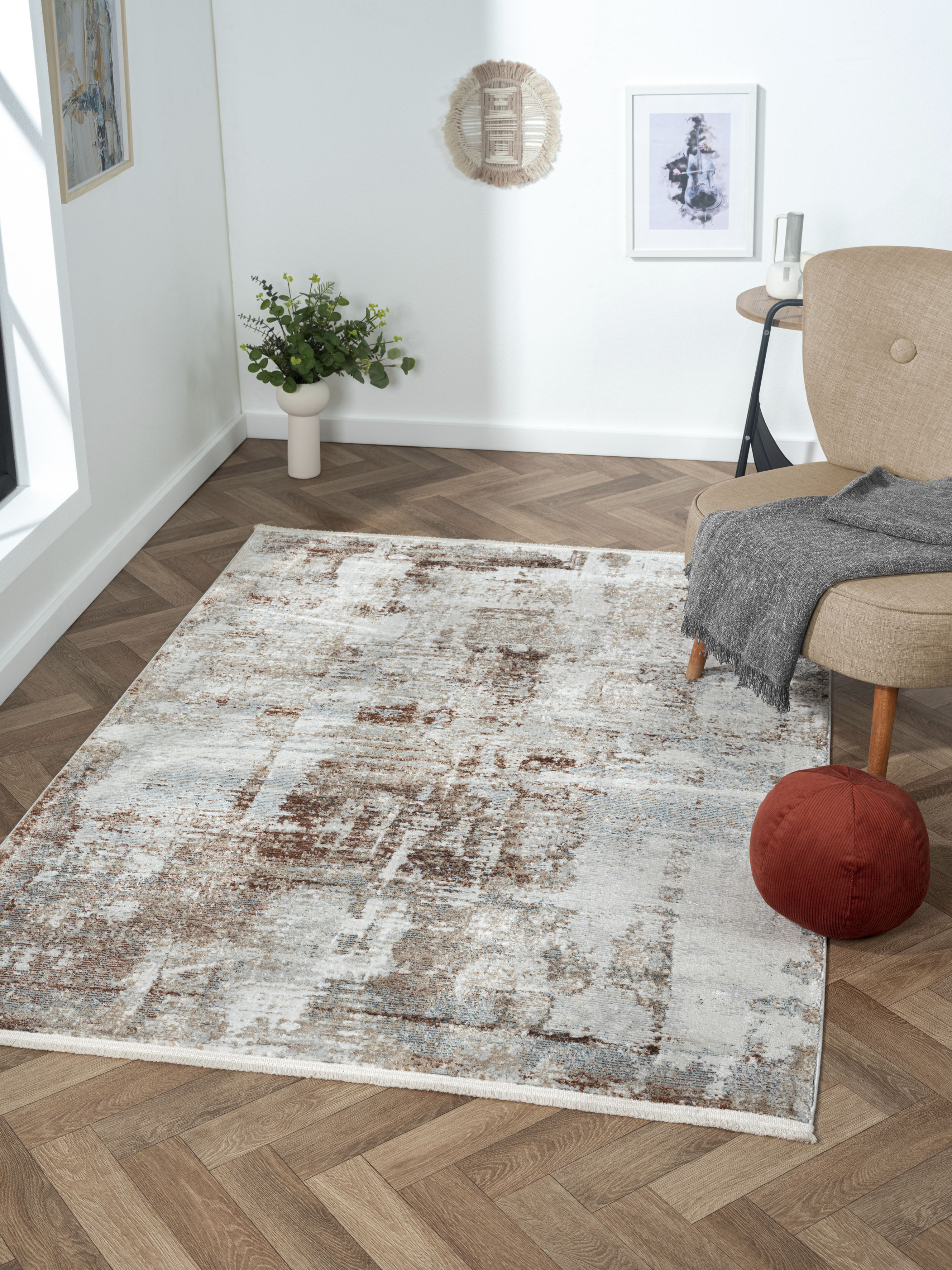 Teppich "Esme 2", beige (cream, hellgrau, terra), B:140cm H:8mm L:200cm, Polyester, MYFLAIR MÖBEL & ACCESSOIRES, Teppiche, Teppich, Kurzflor, Vintage Look, mit Fransen, besonders weich durch Microfaser