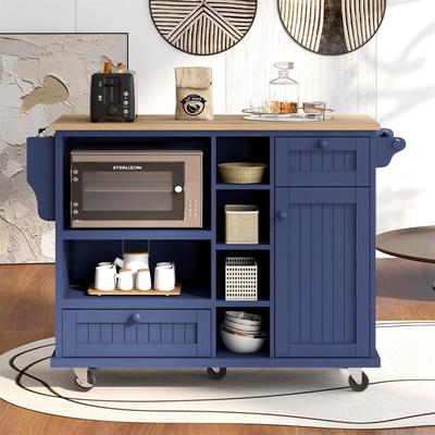 Blue Kitchen Island Cart Storage Cabinet Locking Wheel Wood Sideboard