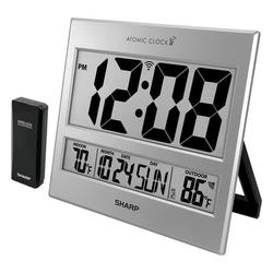 Sharp Atomic Clock - Jumbo 3 Easy to Read Numbers - Never Needs Setting! - Indoor/ Outdoor Temperature Display with Wireless Outdoor Sensor - Silver