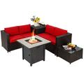 Topbuy 5-Piece Patio Furniture Set with 30 Inches Gas Fire Pit Table Outdoor PE Wicker Conversation Sectional Sofa Set with Cushions Red