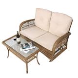 VIVIJSAON 2-Piece Patio Wicker Loveseat Glider Set Cushioned Outdoor Conversation Furniture Sets with 2-Seater Glider Rocking Bench Coffee Table and Cushions for Porch Garden Poolside Light Brown