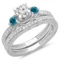 Dazzlingrock Collection 1.00 Carat (ctw) 14K Blue & White Diamond 3 Stone Bridal Engagement Ring Set 1 CT White Gold Size 5