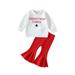 Gwiyeopda Little Baby Girls Outfit Sets White Long Sleeve Letter Print Pullover + Red Flared Pants