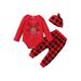 xingqing 0-18M Christmas Newborn Boy Girl Pants Outfits Snowflake Letter Deer Print Long Sleeve Romper + Plaid Pants + Hat 3Pcs Set Red 6-9 Months