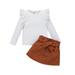 OQC Baby Girl Ruffle Long Sleeves Fake 2PCS Set Round Neck T-shirts Bowknot Mini Skirts Set