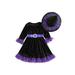 Huakaishijie Little Kids Girlâ€™s Halloween Long Sleeve Dress Contrast Color Ruffle Round Neck A-line Dress with Witch Hat