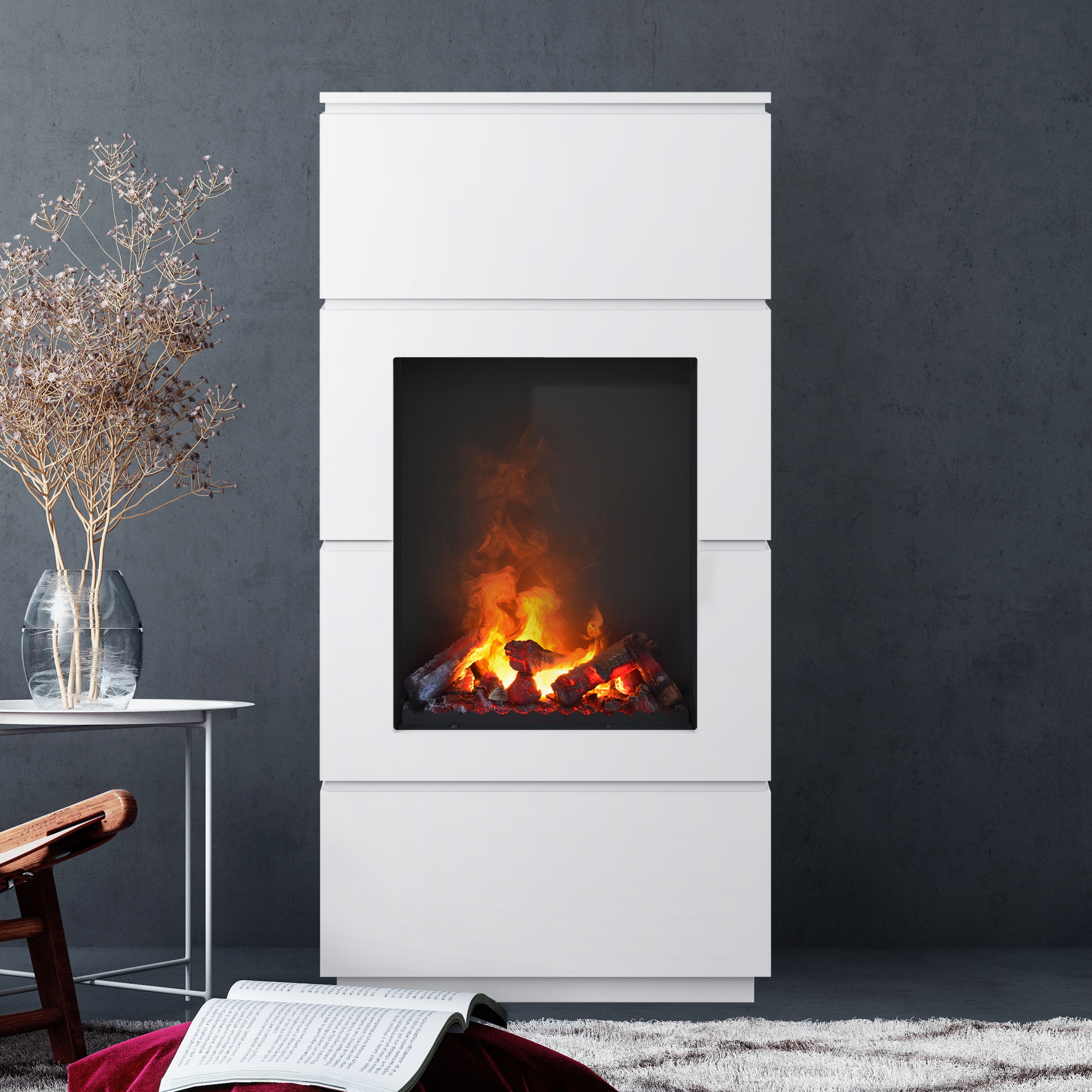 Noble Flame KANT [Stand-Elektrokamin Opti-myst]: Weiß (warm) - Dekoholz - Brennraum: Schwarz, pulverbeschichtet