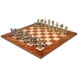 Large Arabesque Classic Staunton Metal Chess Set with Elm Burl Chess Board