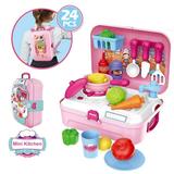 Kids Kitchen Set 2-in-1 Kitchen Toy Backpack 24 Pieces Pretend Play Toys With Sound And Light Vegetable Tableware Toy Birthday Christmas Gifts For Girls And Boys Age 3-7