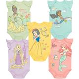 Disney Princess Ariel Tiana Jasmine Rapunzel Snow White Newborn Baby Boys 5 Pack Bodysuits Multi Newborn