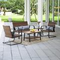 Olmia 5 Piece Outdoor Wicker Chair Conversation Set Spring Rocking Chair with Cushions Pillows Tables Brown
