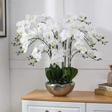 Vanity Art Plastic Phalaenopsis Orchids Floral Arrangement in Pot Home Decor | 14 Stems Real Touch White Artificial Flowers for Decoration with Green Leaf in Silver Ceramic Pot MLTAO-1082YS