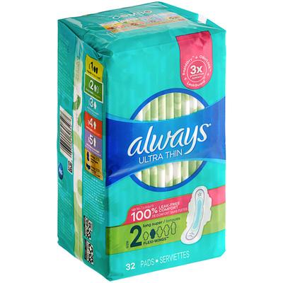 Always Ultra Thin 32-Count Unscented Menstrual Pad with Wings - Size 2 Long Super - 3/Case