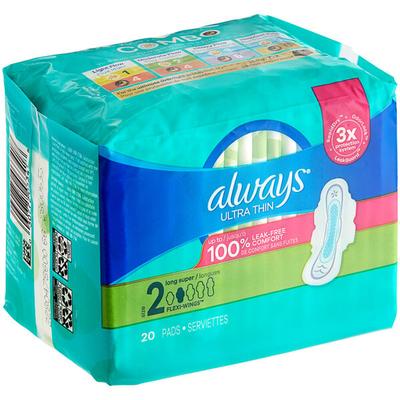 Always Ultra Thin 20-Count Unscented Menstrual Pad with Wings - Size 2 Long Super - 6/Case