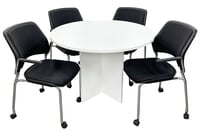 42" Round White Conference Table w/4 Mobile Stacking Chairs - Conference Set