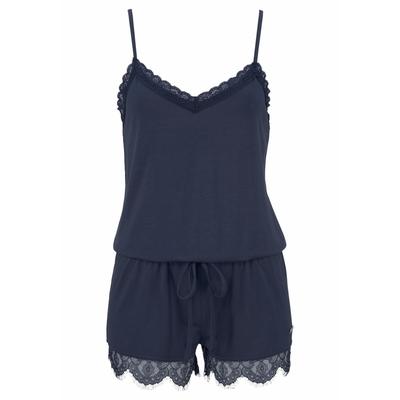 Playsuit LASCANA, Damen, Gr. 32, N-Gr, blau, Single Jersey, Obermaterial: 66% Polyester, 29% Viskose, 5% Elasthan, elegant, figurumspielend kurz, V-Ausschnitt, ohne Ärmel, Overalls, mit Spitzensaum