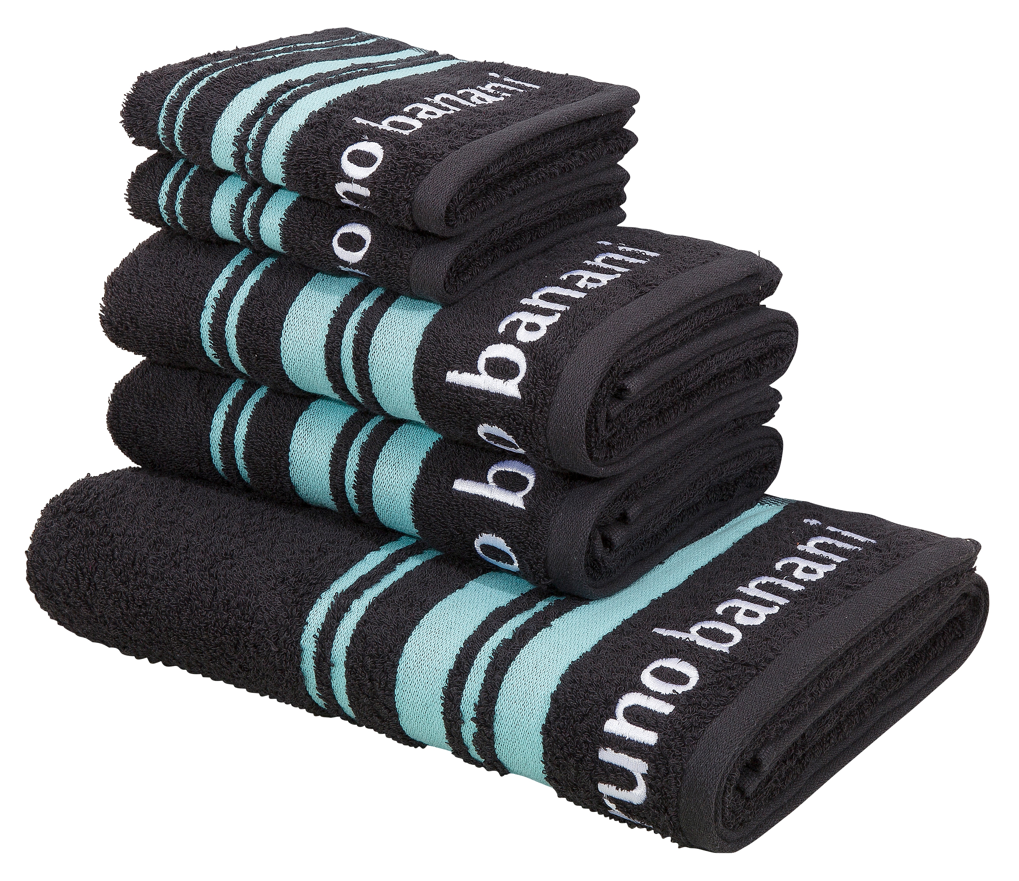 Handtuch Set BRUNO BANANI "Daniel, 1 Duschtuch 70x140, 2 Handtücher 50x100, 2 Gästetücher 30x50", grau (anthrazit), 5 Stk., Walkfrottee, Walkfrottee, Obermaterial: 100% Baumwolle, Handtuch-Sets, Streifen-Bordüre & Markenlogo, 100% Baumwolle