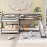 L-Shaped Full & Twin Size Bunk Bed with Slide & Short Ladder, Modern Design Wooden Low Bunk Bed with Full Length Guardrail