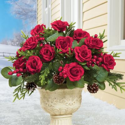 Artificial Holiday Red Rose Bush Arrangement - Set of 3 - 13.750 x 11.250 x 4.750