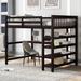 Full Size High Loft Bed with 4-Tier Storage Shelves and Under-Bed Desk