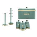 Tower Cavaletto Kitchen Storage Set of 6 with Bread Bin, Tea, Coffee & Sugar Canisters, Mug Tree & Towel Pole in Jade with Brushed Champagne Gold Accents