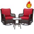 HOSSLLY 3 Pieces Outdoor Wicker Swivel Rocker Patio Set 360 Degree Swivel Rocking Chairs Elegant Wicker Patio Bistro Set with Premuim Cushions and Armored Glass Top Side Table for Backyard Red