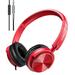 Seenda Wired headphones with microphone foldable earphone headset with deep bass adjustable headband and noise isolation for smartphone computer laptop Chromebook Zoom Discord (red)