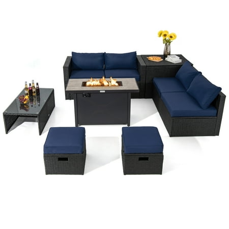 Topbuy 9 Pieces PE Rattan Wicker Sofa with 42 60 000 BTU Gas Fire Pit Table Space-Saving Patio Conversation Set with Storage Navy Blue