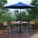 BizChair 7 Piece All-Weather Deck or Patio Set with 4 Stacking Faux Teak Chairs 30 x 48 Faux Teak Table Navy Umbrella & Base