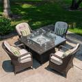 5 Piece Outdoor PE Rattan Wicker Patio Gas Fire Pit Square Table Set with Arm Chairs Brown