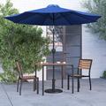 Merrick Lane Five Piece Faux Teak Patio Dining Set - 35 Square Table Two Armless Stacking Club Chairs 9 Navy Umbrella and Base
