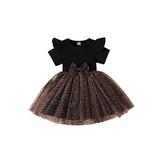 Suanret Toddler Baby Girls Summer Bowknot Leopard Tulle Tutu Dress Princess Party Patchwork A-line Dresses Black 18-24 Months