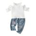 Baby Clothes Boy Toddler Kids Baby Girls Long Sleeve Ribbed T Shirt Tops Hole Crop Denim Jeans Long Pants 2PCS Outfits Clothes Set Cute Clothe Teen Girl