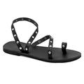 38 Schwarz Emmanuela Antike griechische flache Zehenring sandalen aus Leder mit Metallnieten, hochwertige handgefertigte Sommerschuhe mit Knöchelriemen für Damen, offene Zehensandalen