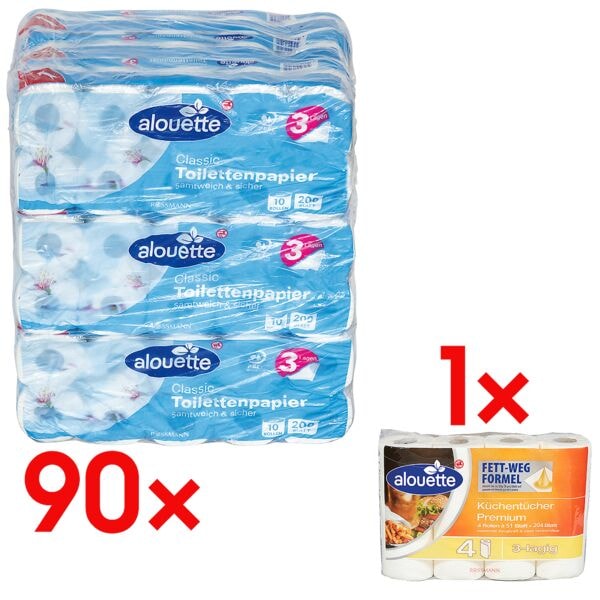 alouette 90 Rollen Toilettenpapier 3-lagig - (9 Pack à 10 Rollen) inkl. Küchenrollen »Pre weiß Image