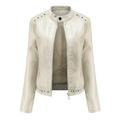 Odeerbi Jackets for Women 2024 Slim Leather Stand Collar Zip Motorcycle Suit Belt Coat Jacket Tops White