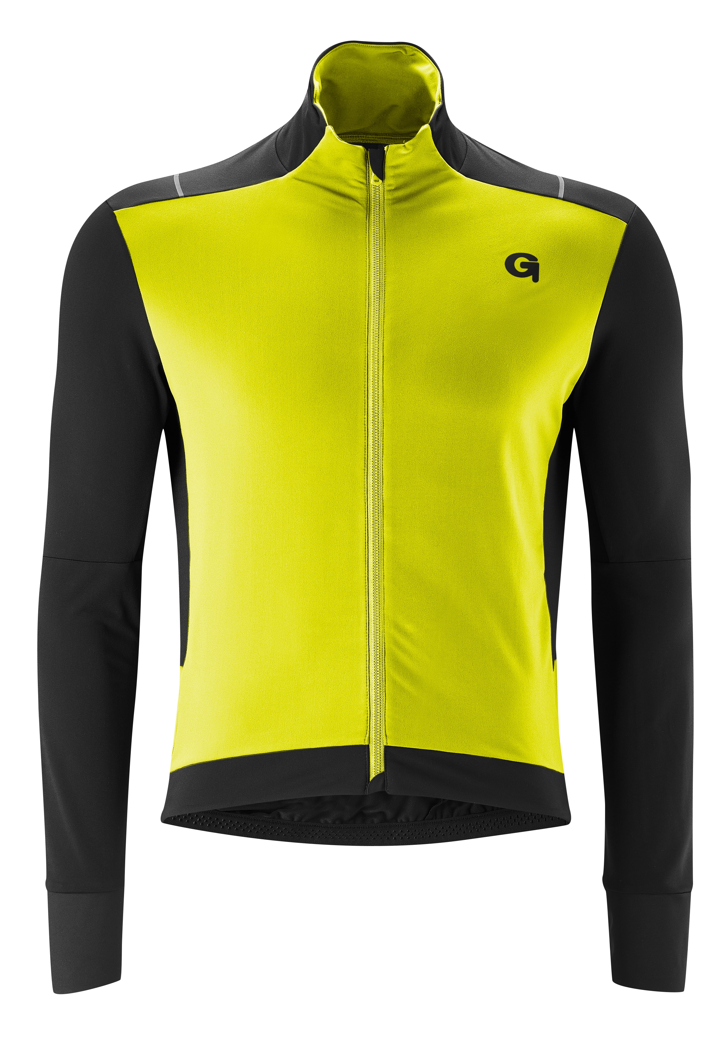 Radtrikot GONSO "BAVELLA", Herren, Gr. S, gelb (neongelb), 87% Polyester; 13% Elasthan, hoch geschlossener Ausschnitt, Trikots, Herren langarm Fahrradtrikot mit effizienter Wärmeisolierung Image