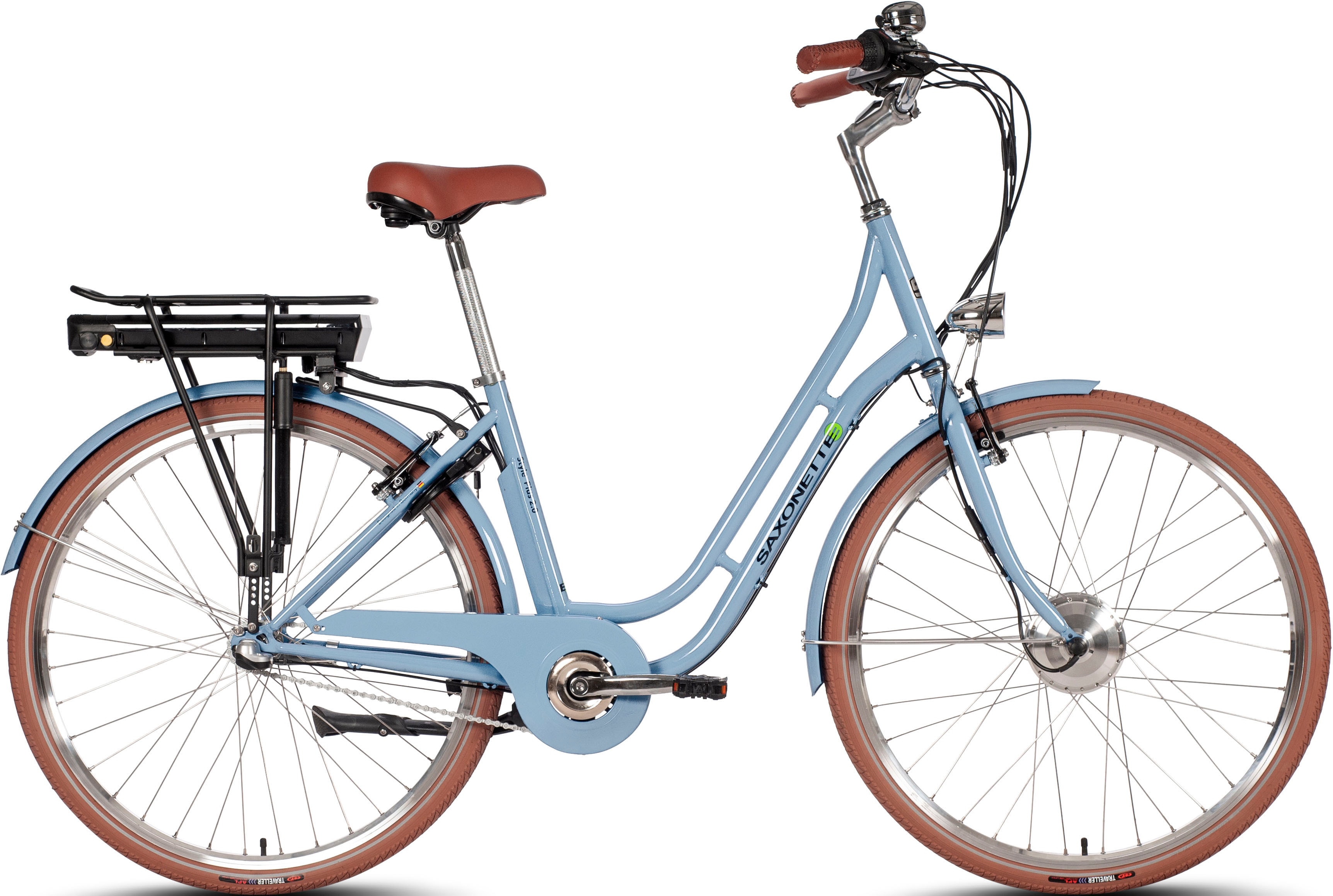 E-Bike SAXONETTE "Saxonette Style Plus 2.0" Gr. 45, blau (powder blau glänzend, blau), Elektrofahrräder, 45cm, 28 Zoll (71,12cm), Pedelec, Elektrofahrrad für Damen u. Herren Image