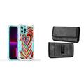 Case and Pouch Bundle for iPhone 14 Plus: Heavy Duty Armor Rugged Case (Abstract Love Hearts) and Rugged Denim Nylon Belt Holster (Grey)