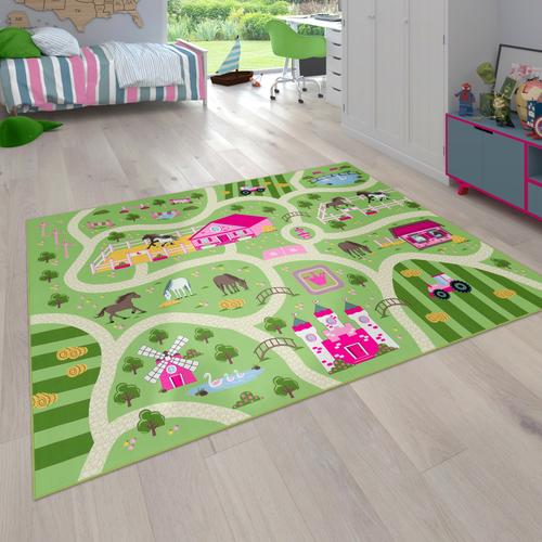 Kinderteppich PACO HOME ""Bino 560"" Teppiche Gr. B: 160cm, 4mm, L: 220cm, grün Kinder Kurzflor, Straßen-Spiel-Teppich, Motiv Bauernhof, Kinderzimmer