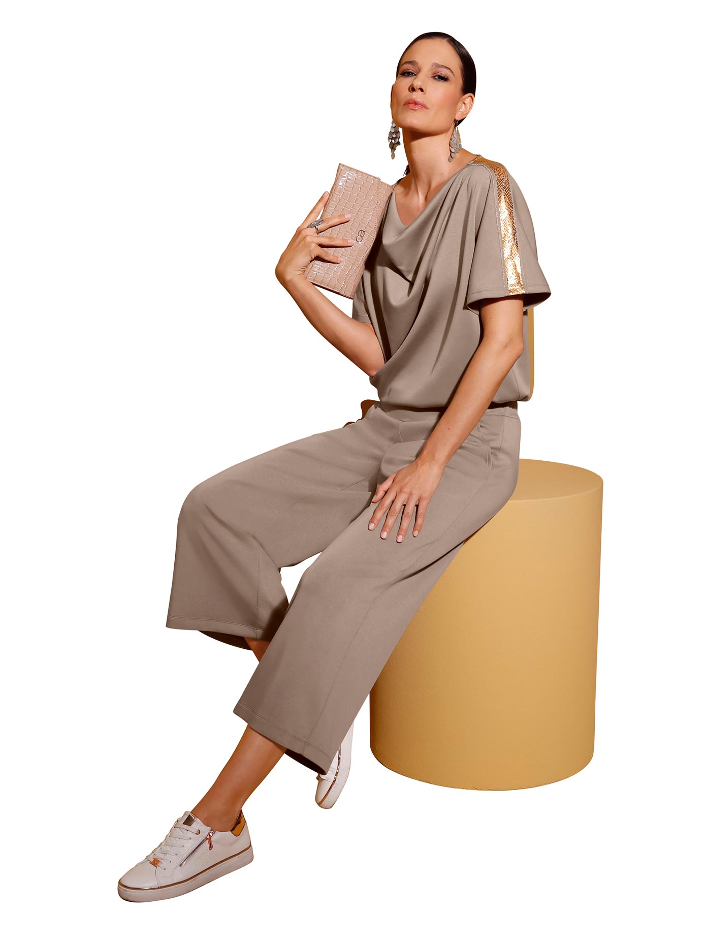 Sweatshirt CREATION L, Damen, Gr. 40, rosa (taupe, bronzefarben, bedruckt), 50% Modal, 44% Polyester, 6% Elasthan, gemustert, unifarben, Wasserfallausschnitt, Sweatshirts Sweatshirt