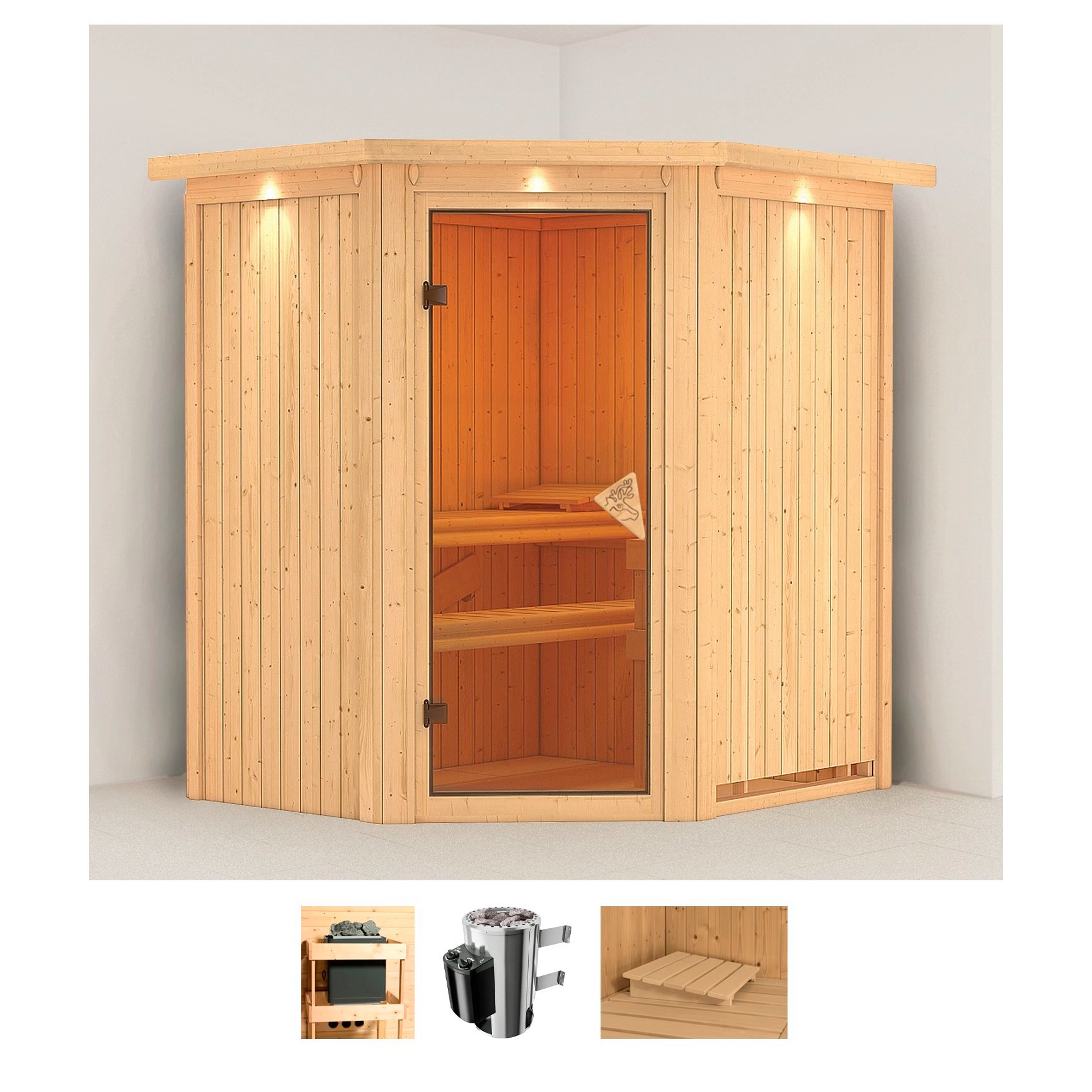 Sauna KARIBU "Tomke", beige (naturbelassen), Saunaofen, integrierte Steuerung, 3,6 kW, Saunen, 3,6-kW-Plug & Play Ofen mit integrierter Steuerung Image