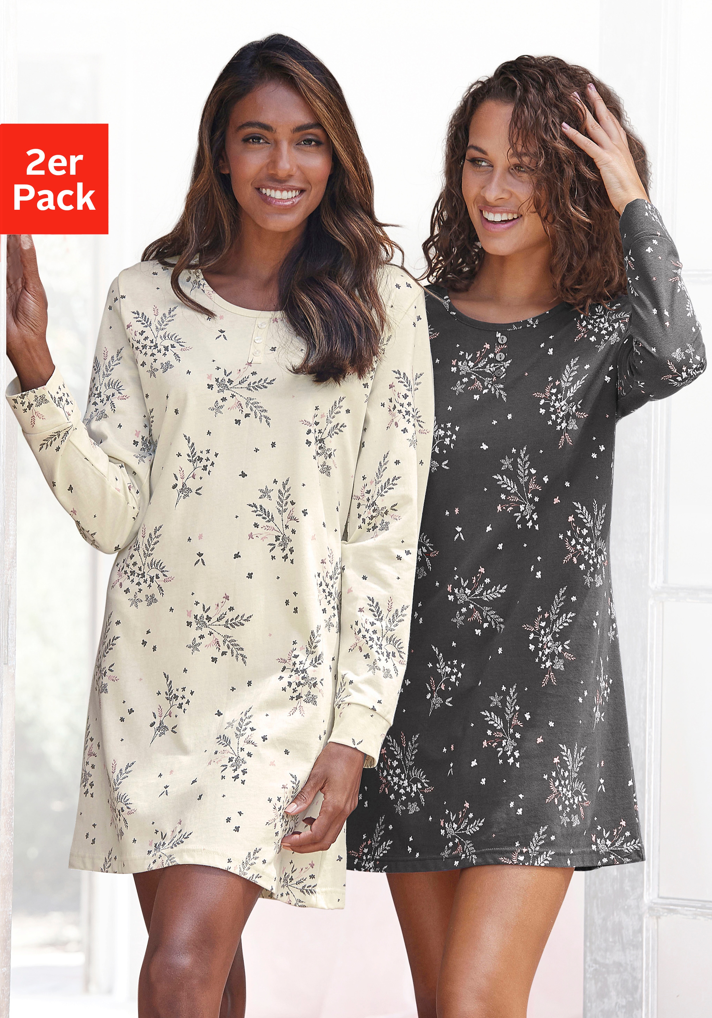 Nachthemd VIVANCE DREAMS, Damen, Gr. 32/34, N-Gr, schwarz (anthrazit, creme), Single Jersey, Obermaterial: 100% Baumwolle, geblümt, gemustert, Basic kurz, Rundhals, breiter Bund, Kleider, mit feinen Blumenzweigen Image