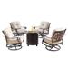 Outdoor Aluminum 34 in. Round Fire Table Set with Four Deep Seating Swivel Rocking Chairs & Accessories