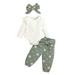 Suanret Newborn Baby Girls 3PCS Clothes Long Sleeve Ribbed Romper Daisies Printed Pants with Headband Set Green 9-12 Months