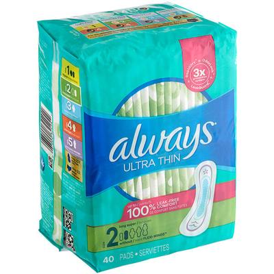 Always Ultra Thin 40-Count Unscented Menstrual Pad without Wings - Size 2 Long Super - 6/Case