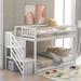 Twin Over Twin Floor Bunk Bed , Ladder with Storage, Solid Wood Low Bunkbed Frame with Guardrails, Staircase with Banisters