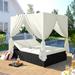 Outdoor Daybed Patio PE Rattan Daybed with Four-Sided Canopy and Overhead Curtains Seating Sofa Set w/Adjustable Seat and Cushions Wicker Furniture Set for Poolside Backyard Garden Lawn