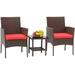 3 Piece Bistro Conversation Set Patio Brown Wicker Chairs Furniture Outdoor Furniture Set 2 Rattan Chairs with Red Cushions and Glass Coffee Table for Porch Lawn Garden Balcony Backyard