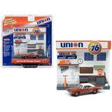 Diecast 1970 Dodge Coronet Super Bee Brown with White Top and Union 76 Interior Service Gas Station Facade Diorama Set Johnny Lightning 50th Anniversary 1/64 Diecast Model Car by Johnny Lightning